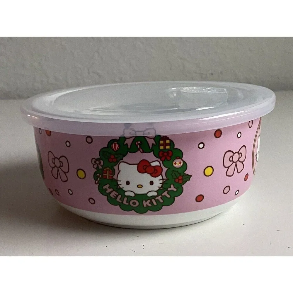 Hello‎ Kitty Christmas Pressure Lid Ceramic Food Storage Bowl Pink LARGE NEW